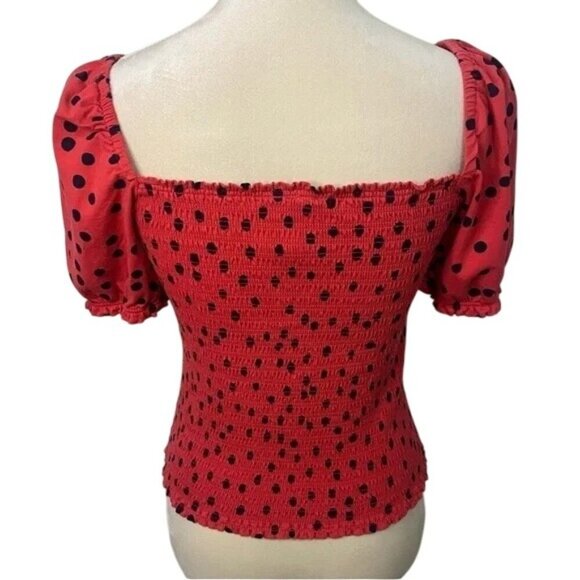 Anthropologie Dolan Red Polka Dot Smocked Puff Sleeve Blouse - Picture 6 of 8